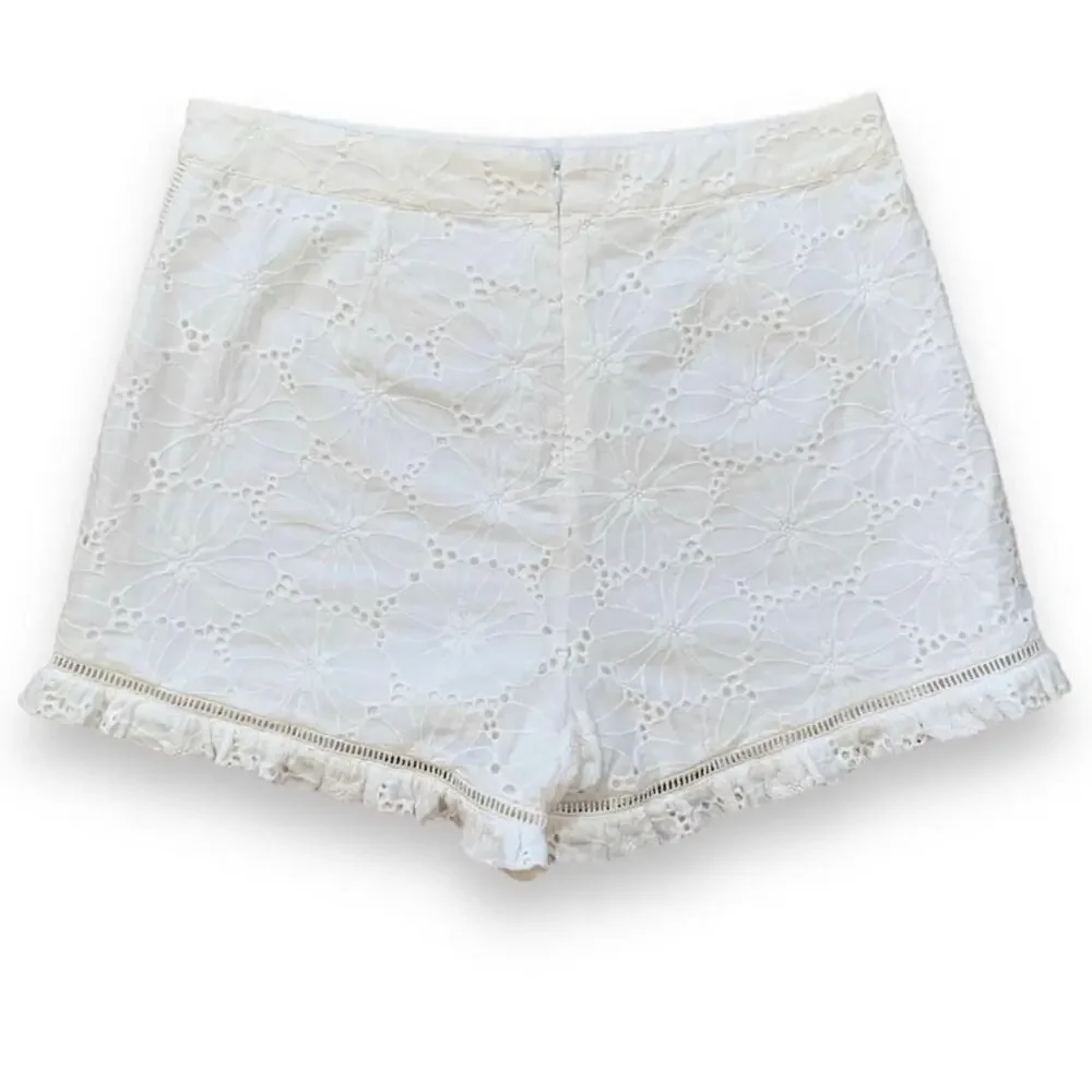 J.O.A Los Angeles White Eyelet Lace Shorts High Waist Ruffle Hem Retro Feminine